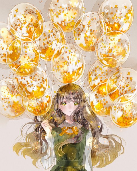 Anime picture 2500x3125 with original sakuraba nao single long hair tall image looking at viewer highres black hair standing holding green eyes upper body grey background sparkle wavy hair girl dress flower (flowers) balloon pinafore dress