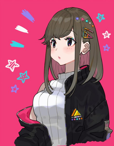 Anime picture 800x1019 with original yuu (higashi no penguin) single long hair tall image blush fringe simple background brown hair purple eyes looking away upper body off shoulder pink background fashion girl hairclip star (symbol)
