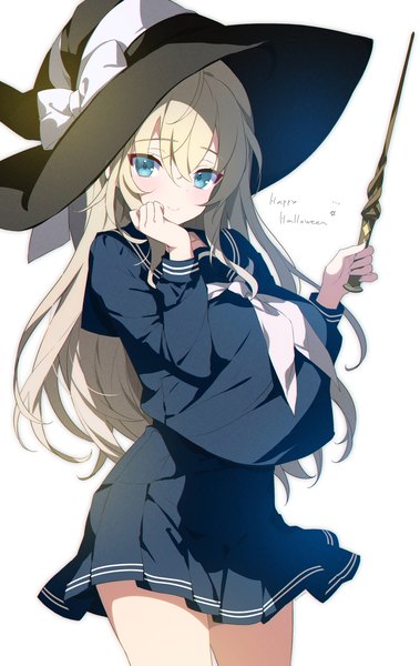 Anime picture 1200x1899 with original emily (pure dream) single long hair tall image looking at viewer fringe blue eyes simple background blonde hair hair between eyes standing white background text halloween english hand on face happy halloween girl uniform