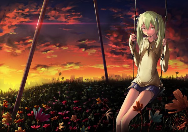 Anime picture 1477x1040 with original solru (tyappygain) single long hair sitting twintails green eyes sky cloud (clouds) green hair evening sunset girl skirt flower (flowers) ribbon (ribbons) hair ribbon swing