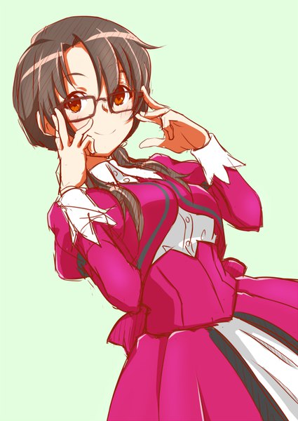 Anime picture 620x876 with idolmaster takayama sayoko totchi single tall image blush fringe short hair simple background smile hair between eyes twintails brown eyes payot long sleeves dutch angle puffy sleeves low twintails green background adjusting glasses