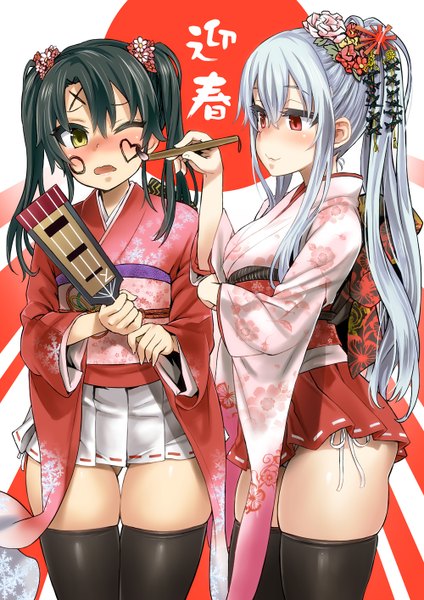 Anime picture 1000x1414 with kantai collection shoukaku aircraft carrier zuikaku aircraft carrier asanagi long hair tall image blush light erotic black hair red eyes twintails multiple girls yellow eyes silver hair ponytail traditional clothes japanese clothes one eye closed hair flower wink