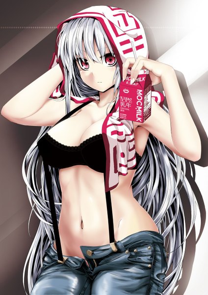 Anime picture 1000x1415 with touhou fujiwara no mokou hebata single long hair tall image blush fringe breasts light erotic red eyes large breasts standing holding silver hair open clothes alternate costume groin topless open pants