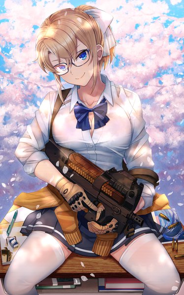 Anime picture 1247x2000 with original blonde girl (itou) itou (onsoku tassha) single tall image looking at viewer fringe short hair breasts blue eyes light erotic blonde hair smile hair between eyes sitting holding payot cleavage ponytail head tilt