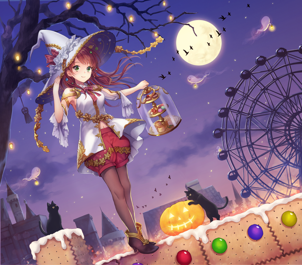 Anime picture 1370x1200 with original yamyom single long hair looking at viewer blush fringe brown hair standing holding green eyes cloud (clouds) full body light smile wind night high heels night sky light halloween