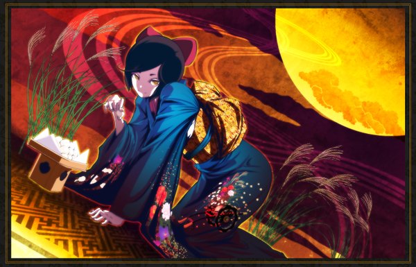 Anime picture 1371x882 with original mubouou aasaa short hair black hair yellow eyes japanese clothes girl food kimono moon