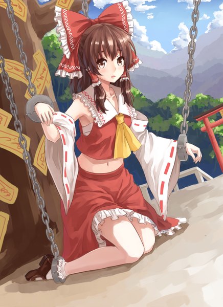 Anime picture 1181x1623 with touhou hakurei reimu lujang single long hair tall image blush open mouth brown hair brown eyes looking away sky cloud (clouds) girl skirt bow hair bow detached sleeves chain skirt set