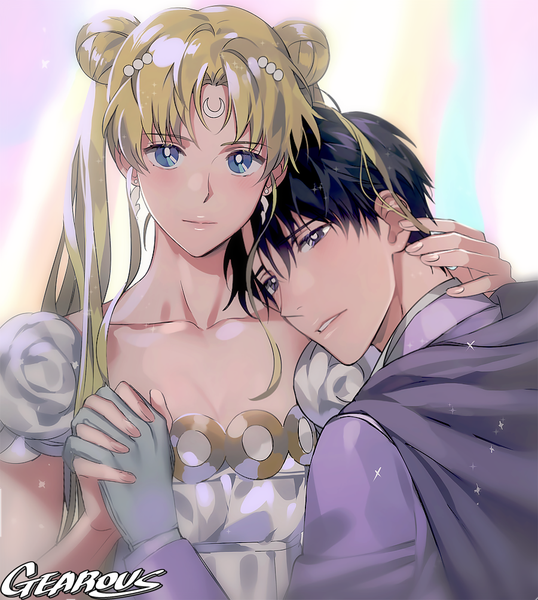 Anime picture 900x1004 with bishoujo senshi sailor moon toei animation tsukino usagi princess serenity chiba mamoru prince endymion gearous long hair tall image looking at viewer blush fringe short hair blue eyes black hair simple background blonde hair twintails signed payot