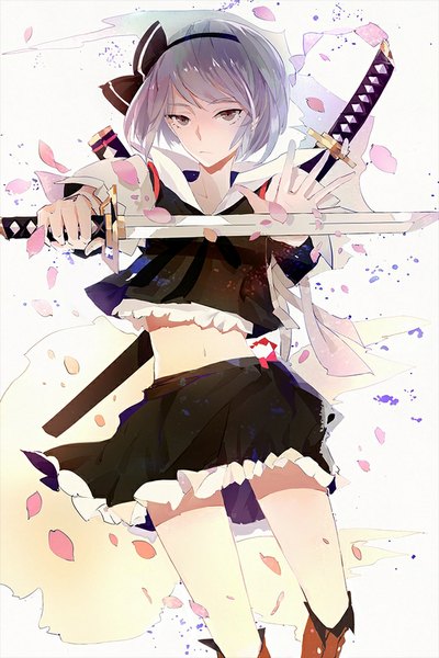 Anime picture 667x1000 with touhou konpaku youmu myon nanobe tall image short hair holding grey hair grey eyes serious dual wielding skirt navel hair ornament weapon shirt petals sword boots hairband