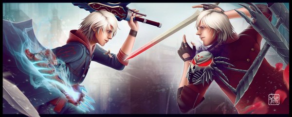 Anime picture 1600x643 with devil may cry dante (devil may cry) nero (devil may cry) valentina remenar short hair wide image white hair profile magic glowing battle gloves sword armor fingerless gloves coat