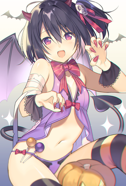 Anime picture 800x1173 with original natasha (pommier) single long hair tall image looking at viewer blush fringe short hair open mouth light erotic black hair simple background smile hair between eyes twintails purple eyes bare shoulders tail nail polish