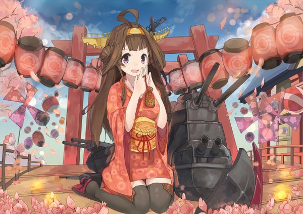 Anime picture 1240x876 with kantai collection kongou battleship mitu yang single fringe open mouth sky bent knee (knees) long sleeves traditional clothes japanese clothes pink eyes wide sleeves hair bun (hair buns) kneeling cherry blossoms praying girl thighhighs flower (flowers)