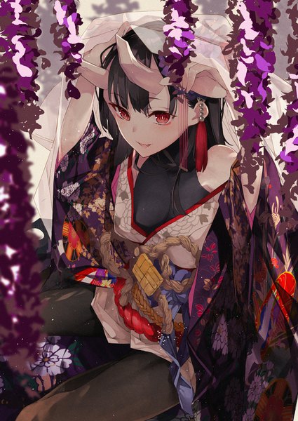 Anime picture 1000x1412 with original furisuku single long hair tall image looking at viewer blush fringe breasts open mouth black hair smile hair between eyes red eyes sitting bare shoulders traditional clothes japanese clothes horn (horns) from above
