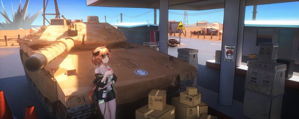 Anime picture 6750x2700 with arknights coca-cola croissant (arknights) even (even yiwen) single fringe highres short hair wide image standing holding green eyes looking away absurdres sky ahoge outdoors horn (horns) orange hair off shoulder