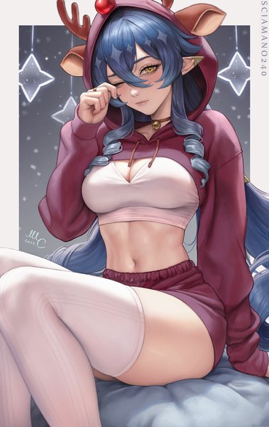 Anime picture 809x1280 with genshin impact layla (genshin impact) sciamano240 single long hair tall image looking at viewer blush fringe breasts hair between eyes large breasts signed yellow eyes blue hair cleavage bent knee (knees) long sleeves one eye closed pointy ears