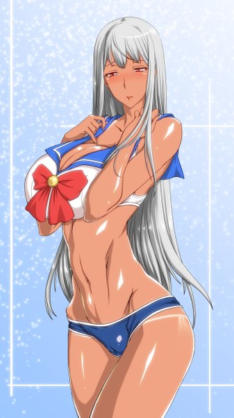 Anime picture 675x1200 with valkyria chronicles selvaria bles ebido single long hair tall image breasts light erotic red eyes standing looking away silver hair embarrassed huge breasts dark skin snowing snow tan girl navel