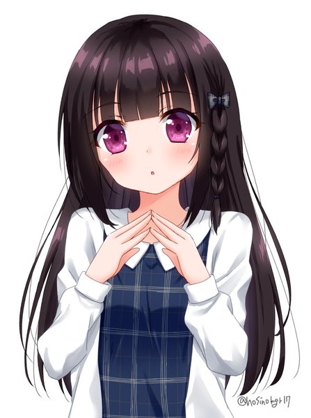 Anime picture 702x943 with original hoshino kagari single long hair tall image looking at viewer fringe black hair simple background white background purple eyes signed upper body blunt bangs braid (braids) twitter username side braid fingers together girl