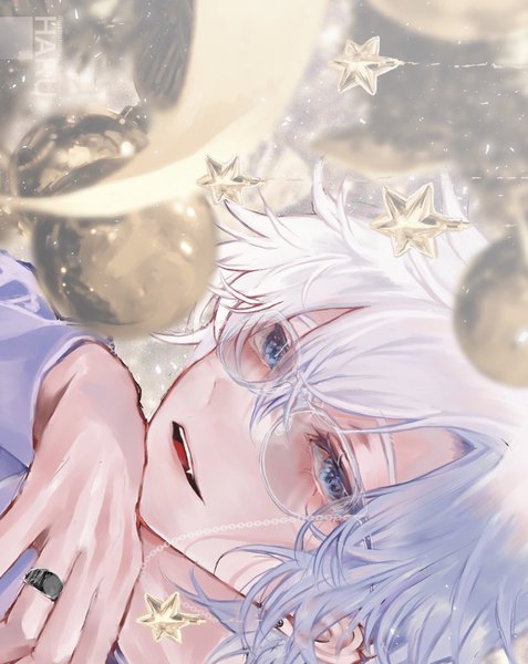 Anime picture 814x1024 with original haru (yckd5728) single tall image short hair open mouth blue eyes signed silver hair upper body christmas sideways boy earrings glasses star (symbol) ring bauble