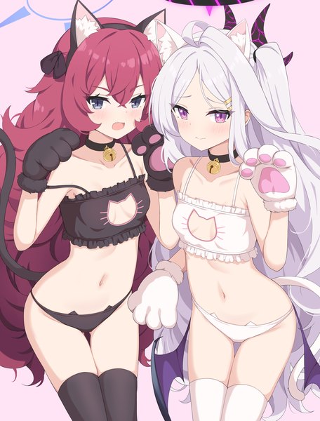 Anime picture 1600x2103 with blue archive hina (blue archive) iroha (blue archive) hayana neru long hair tall image looking at viewer fringe breasts light erotic simple background hair between eyes multiple girls animal ears white hair red hair tail animal tail pink eyes black eyes
