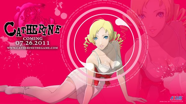Anime picture 1920x1080 with catherine (game) catherine single looking at viewer highres short hair blue eyes blonde hair wide image twintails bare shoulders cleavage inscription drill hair short twintails pink background zoom layer girl thighhighs dress