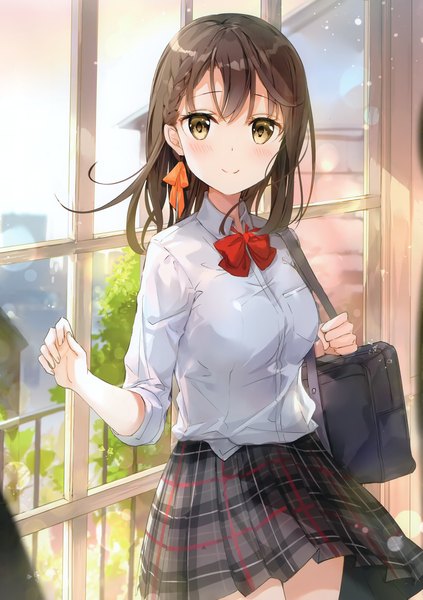 Anime picture 2089x2961 with original fuumi (radial engine) single long hair tall image looking at viewer blush fringe highres brown hair standing brown eyes indoors braid (braids) pleated skirt light smile wind blurry scan single braid