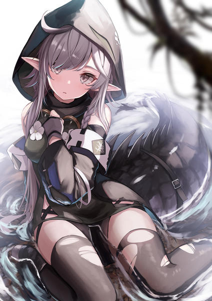 Anime picture 1191x1684 with arknights tomimi (arknights) kinome noi single long hair tall image looking at viewer blush fringe breasts sitting payot ahoge bent knee (knees) tail braid (braids) long sleeves head tilt animal tail pointy ears