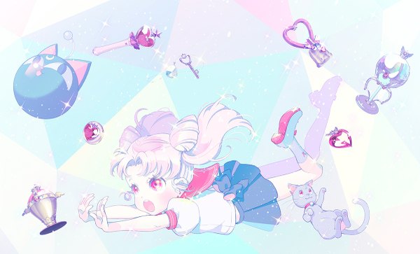 Anime picture 1200x727 with bishoujo senshi sailor moon toei animation chibiusa luna p diana u lon open mouth red eyes wide image twintails pink hair bent knee (knees) pleated skirt pink eyes hair bun (hair buns) short twintails leg lift (legs lift) falling girl skirt