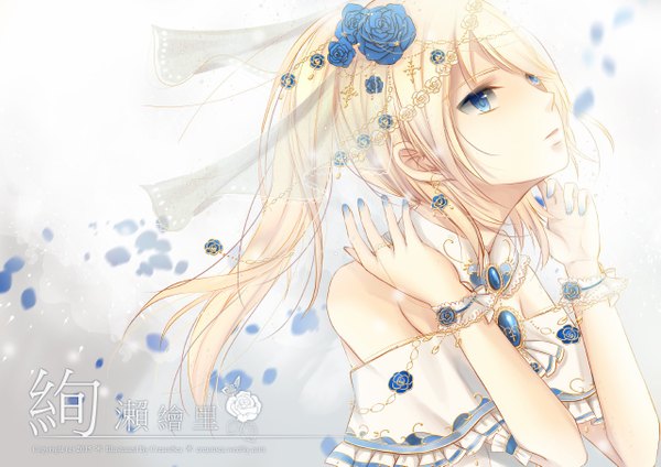 Anime picture 1280x905 with love live! school idol project sunrise (studio) love live! ayase eli creamsea single long hair looking at viewer blue eyes blonde hair ponytail girl dress flower (flowers) petals