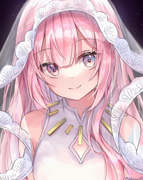 Anime picture 1140x1436 with vocaloid magical mirai (vocaloid) megurine luka noneon319 single long hair tall image looking at viewer fringe smile purple eyes signed pink hair upper body head tilt twitter username girl veil