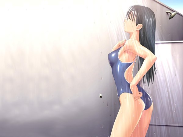 Anime picture 1600x1200 with sora no iro mizu no iro mizushima asa tony taka long hair light erotic wet girl swimsuit shower