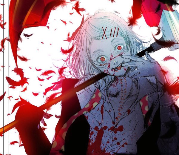 Anime-Bild 1038x898 mit tokyo ghoul studio pierrot suzuya juuzou kuroe (pixiv5268156) single looking at viewer short hair red eyes white hair head tilt polka dot hand on face blood on face bloody clothes blood stains weapon over shoulder albino crazy eyes boy weapon