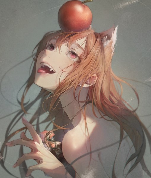 Anime picture 3500x4128 with spice and wolf horo cana (tungnara) single long hair tall image fringe highres open mouth light erotic hair between eyes brown hair animal ears absurdres upper body pink eyes teeth looking up wolf ears wolf girl
