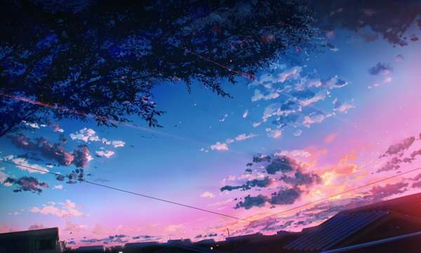 Anime picture 1350x810 with original knyt wide image sky cloud (clouds) sunlight evening sunset no people landscape scenic building (buildings) branch house roof
