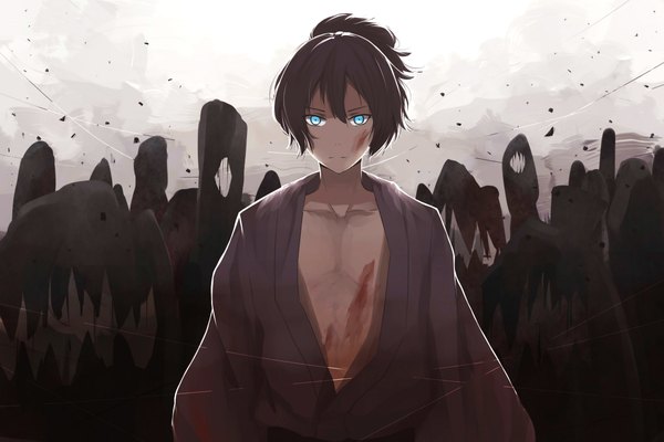 Anime picture 2362x1575 with noragami studio bones yato (noragami) gkn levi single looking at viewer fringe highres short hair black hair standing ponytail traditional clothes japanese clothes aqua eyes dark background boy blood yukata