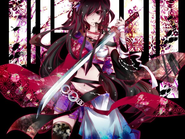 Anime picture 2200x1650 with vocaloid vy1 (mizki) tyouya single long hair fringe highres brown eyes japanese clothes hair flower hair over one eye mouth hold girl thighhighs navel hair ornament sword kimono pendant bandage (bandages)