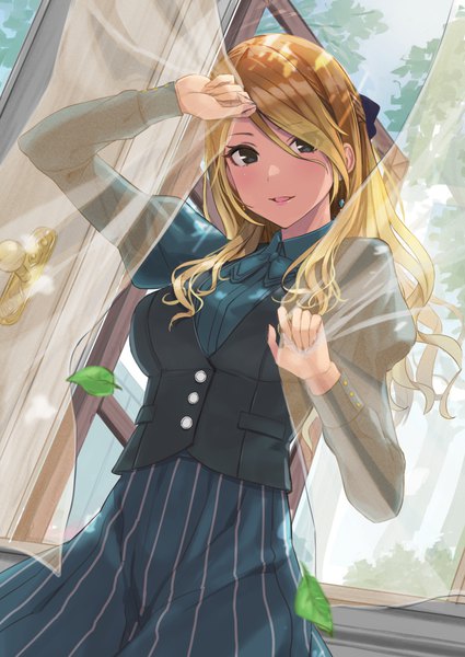 Anime picture 724x1023 with idolmaster idolmaster shiny colors izumi mei eno (joqeve) single long hair tall image looking at viewer blush fringe open mouth blonde hair smile hair between eyes standing holding payot long sleeves :d black eyes