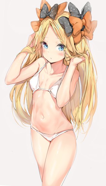 Anime picture 800x1400 with fate (series) fate/grand order abigail williams (fate) silver (chenwen) single long hair tall image looking at viewer blush fringe breasts blue eyes light erotic simple background blonde hair standing cleavage parted lips grey background thighs
