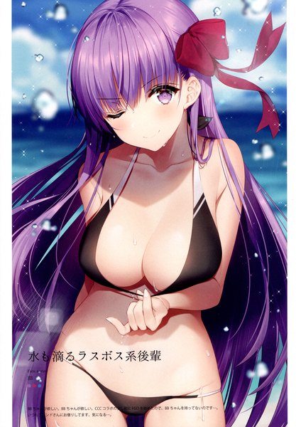 Anime picture 3208x4619 with fate (series) fate/grand order bb (fate) (all) bb (fate/extra) necomi (gussan) single long hair tall image looking at viewer blush fringe highres breasts light erotic smile standing purple eyes absurdres sky purple hair
