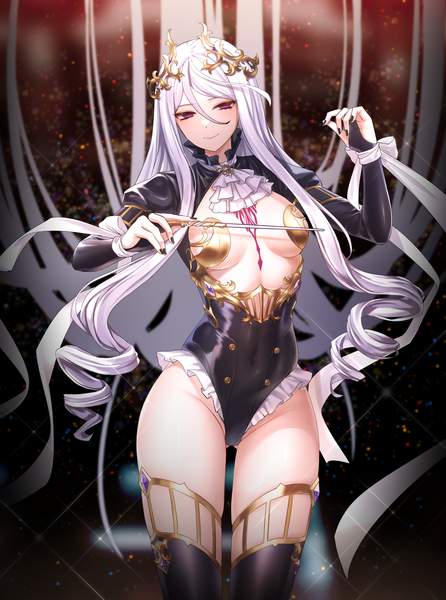 Anime picture 1500x2018 with counter:side maestro nequitia bindong single long hair tall image looking at viewer fringe breasts light erotic smile hair between eyes standing purple eyes holding silver hair nail polish fingernails arms up sparkle