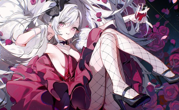 Anime picture 2614x1600 with blue archive mutsuki (blue archive) mutsuki (dress) (blue archive) akizero1510 single looking at viewer highres breasts light erotic wide image silver hair full body pink eyes pointy ears high heels one side up sideboob official alternate costume girl dress