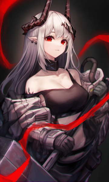 Anime picture 2720x4529 with arknights mudrock (arknights) pupik single long hair tall image looking at viewer highres breasts red eyes cleavage silver hair horn (horns) pointy ears piercing black background ear piercing oripathy lesion (arknights) girl gloves