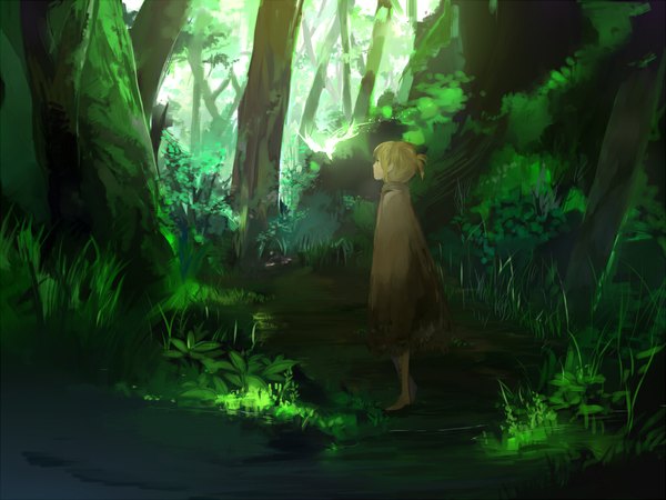 Anime picture 1024x768 with vocaloid kagamine len ume (plumblossom) blonde hair bare shoulders magic nature boy plant (plants) animal tree (trees) water bird (birds) cloak forest