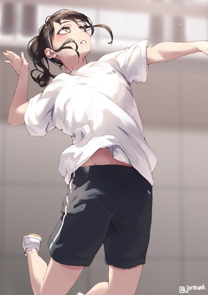 Anime picture 800x1131 with original aya (jonsun) jonsun single tall image blush fringe short hair signed yellow eyes payot ponytail indoors parted lips arms up short sleeves depth of field twitter username looking up jumping
