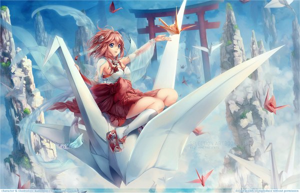 Anime picture 1372x883 with original kaze-hime single short hair open mouth blue eyes smile pink hair sky cloud (clouds) happy flying riding girl dress animal bird (birds) jewelry transparent clothing paper