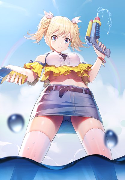 Anime picture 835x1200 with original ririko (zhuoyandesailaer) single long hair tall image looking at viewer blush fringe breasts blue eyes light erotic blonde hair hair between eyes standing twintails holding sky cloud (clouds) outdoors blurry