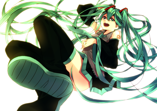 Anime picture 1200x850 with vocaloid hatsune miku aoi koto madoka single open mouth white background twintails bare shoulders very long hair aqua eyes aqua hair legs girl thighhighs skirt black thighhighs detached sleeves necktie