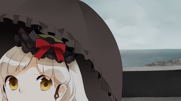 Anime picture 1500x844 with vocaloid mayu (vocaloid) koyubi single long hair looking at viewer wide image yellow eyes white hair girl hat umbrella