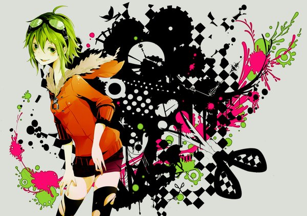 Anime picture 1169x826 with vocaloid life reset button (vocaloid) gumi bati15 (bachiko) single blush short hair open mouth smile green eyes ahoge green hair twisty sleeves girl thighhighs black thighhighs glasses shorts hood insect