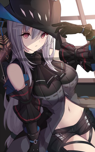 Anime picture 960x1536 with arknights skadi (arknights) stratoz single long hair tall image fringe hair between eyes silver hair pink eyes bare belly shaded face adjusting hat elite ii (arknights) girl gloves hat black gloves shorts window