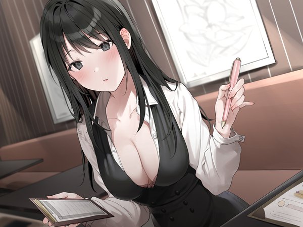 Anime picture 2000x1500 with original xretakex single long hair looking at viewer blush fringe highres breasts open mouth light erotic black hair hair between eyes large breasts holding payot cleavage indoors head tilt black eyes